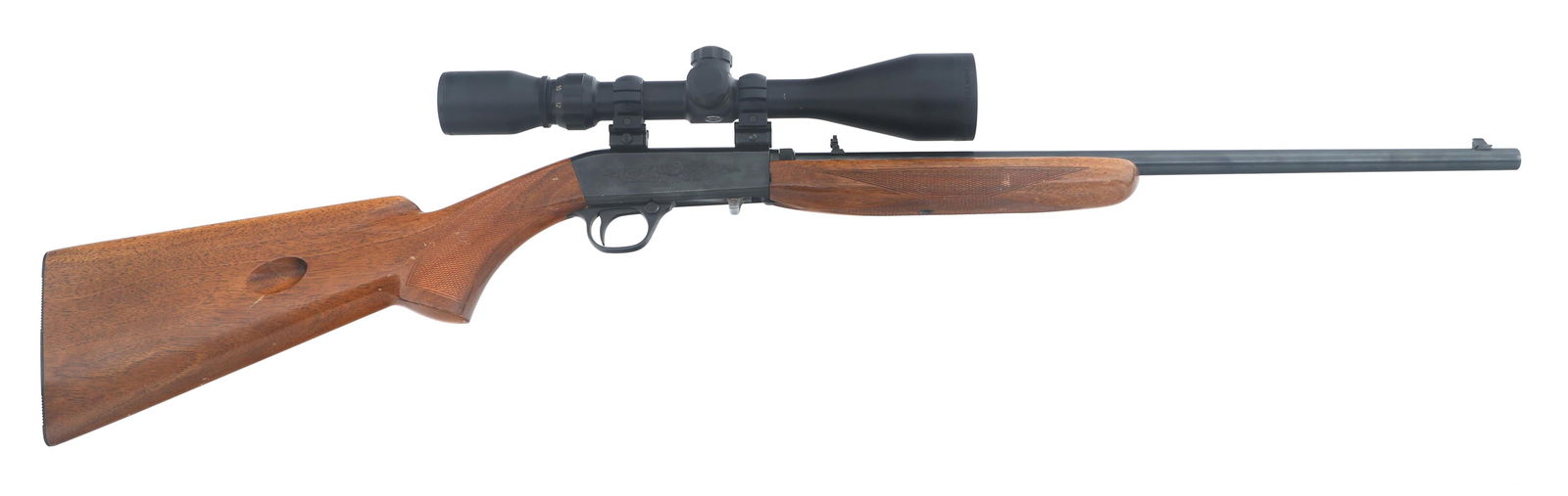 FN BROWNING SA-22 SEMI AUTOMATIC .22 CALIBER RIFLE: FN BROWNING SA-22 SEMI AUTOMATIC .22 CALIBER RIFLE 1966 FN Browning Model SA-22 .22 LR caliber semi automatic takedown rifle. Lightly engraved receiver. Blued finish. Adjustable rear sight. Checkered