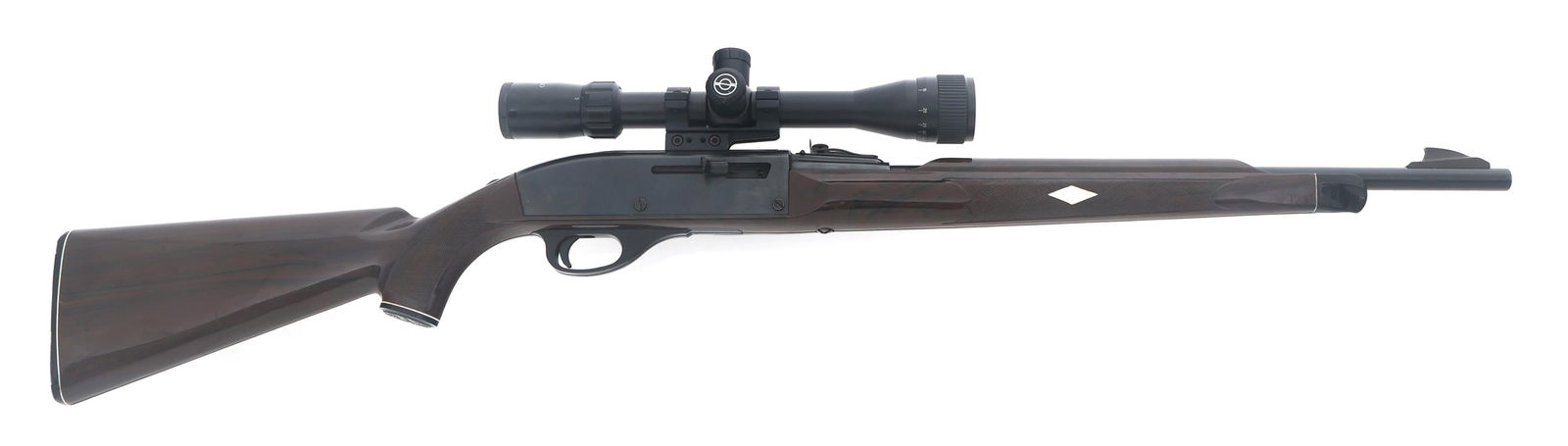 REMINGTON NYLON 66 .22 LR CALIBER SEMI AUTO RIFLE: REMINGTON NYLON 66 .22 LR CALIBER SEMI AUTO RIFLE Remington Model Nylon 66 .22 LR caliber semi automatic rifle. Blued finish. Adjustable rear sight. Checkered nylon stock. Simmons 3-9x32 WA/AO 22 MAG