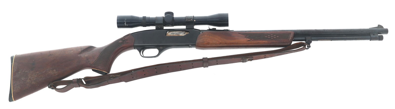 WINCHESTER MODEL 275 .22 WMR CALIBER RIFLE: WINCHESTER MODEL 275 .22 WMR CALIBER RIFLE Winchester Model 275 .22 WMR caliber pump action rifle. Blued finish. Adjustable rear sight. Leather sling. Checkered wood stock with composite butt plate. T