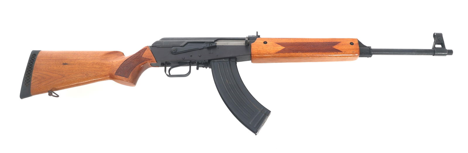 NORINCO SPORTER HUNTER 7.62mm CAL AK-47 RIFLE: NORINCO SPORTER HUNTER 7.62mm CAL AK-47 RIFLE Norinco Model Sporter Hunter 7.62x39mm caliber semi automatic AK-47 rifle. Hooded front sight. Fixed rear sight. Sling mounts. Checkered wood stock with r