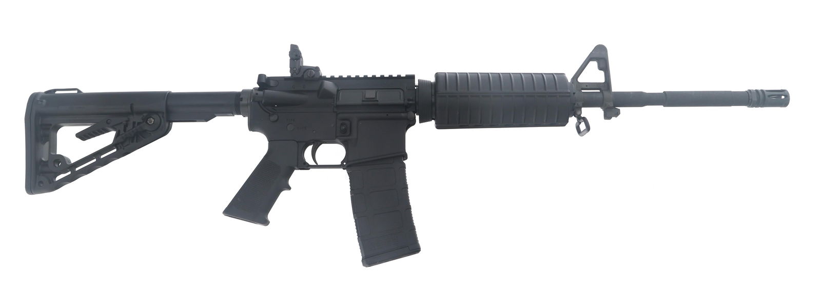 COLT MODEL M4 5.56mm CALIBER CARBINE: COLT MODEL M4 5.56mm CALIBER CARBINE Colt Model M4 .22 LR caliber semi-automatic carbine. Matte black finish. Flat top receiver. A2 front sight. MAGPUL MBUS flip up rear sight. Adjustable composite st