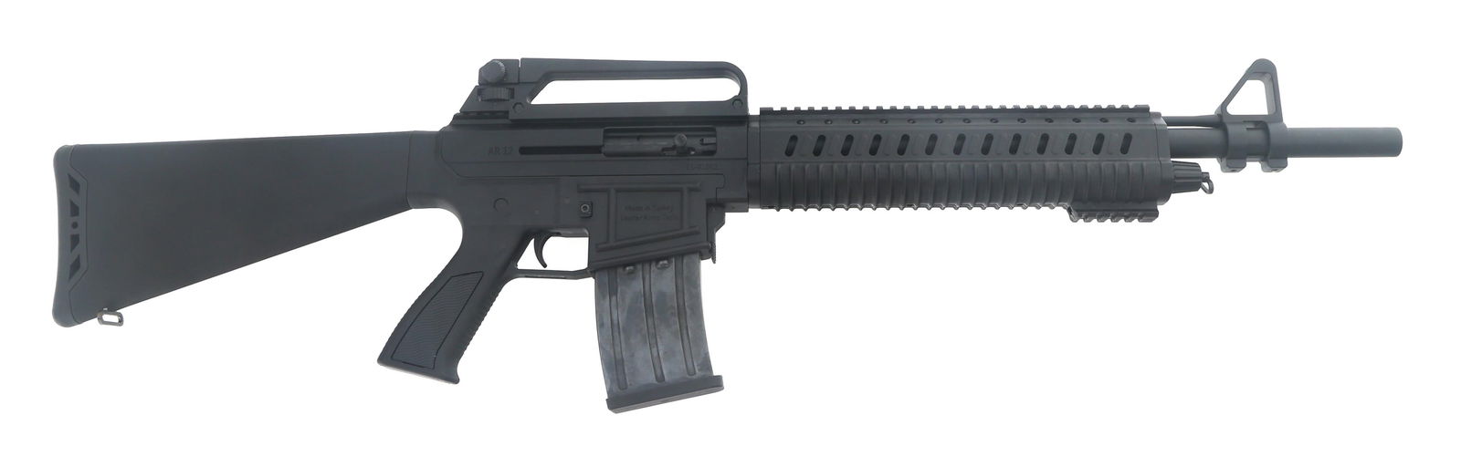 LEADER ARMS MODEL AR-12 12 GAUGE SHOTGUN: LEADER ARMS MODEL AR-12 12 GAUGE SHOTGUN Leader Arms Model AR12 - 12 Ga Semi Auto Shotgun. 3" magnum shells. Removable Modified choke. Matte black finish. A2 front sight. Carry handle with adjustable