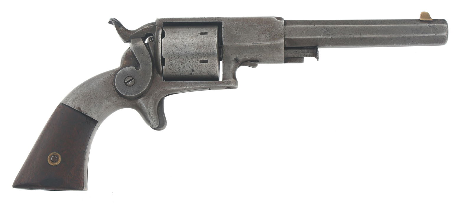 ALLEN & WHEELOCK 32 CALIBER SIDE HAMMER REVOLVER: ALLEN & WHEELOCK 32 CALIBER SIDE HAMMER REVOLVER Allen & Wheelock Side Hammer .32 caliber revolver. Octagonal barrel. Fixed sights. Wood grips. Six shot smooth cylinder. Caliber / Gauge: 32 Barrel Len