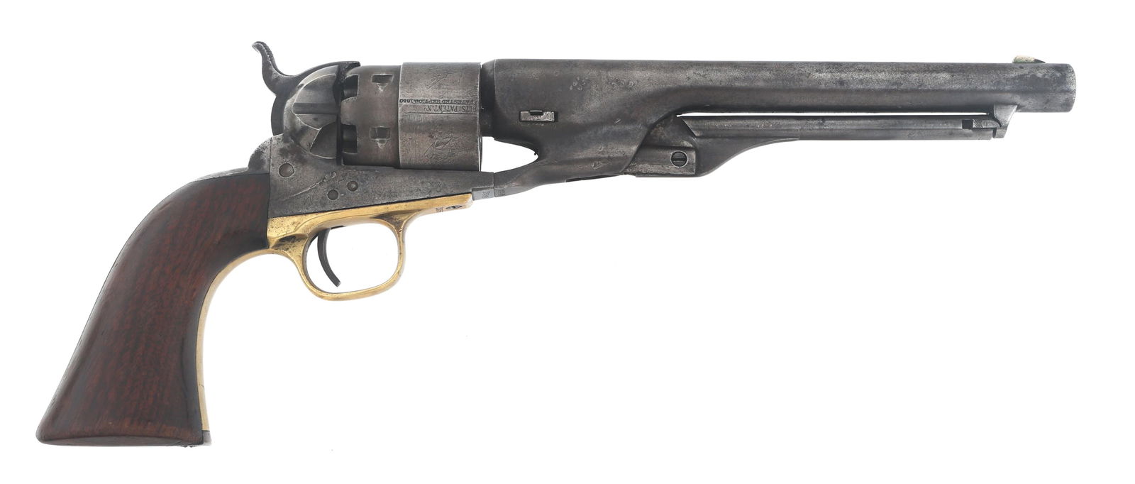 1863 COLT MODEL 1860 ARMY .44 CALIBER REVOLVER: 1863 COLT MODEL 1860 ARMY .44 CALIBER REVOLVER Colt Model 1861 Navy .44 caliber single action percussion revolver. Serial numbers match on frame, barrel, trigger guard, and butt. One line Colt barrel