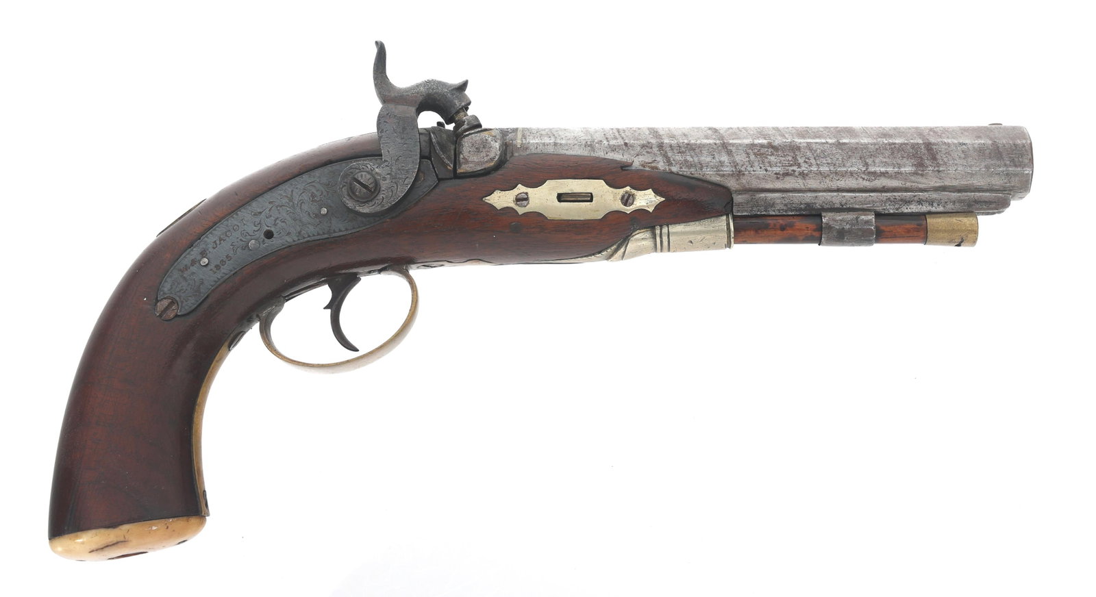 W&E JACOT 45 CALIBER PERCUSSION PISTOL: W&E JACOT 45 CALIBER PERCUSSION PISTOL W&E Jacot .45 caliber percussion pistol. Birmingham proof marks on bottom of barrel. Side plate stamped W&E JACOT - 1835. Brass trigger guard. Wood stock. Calibe