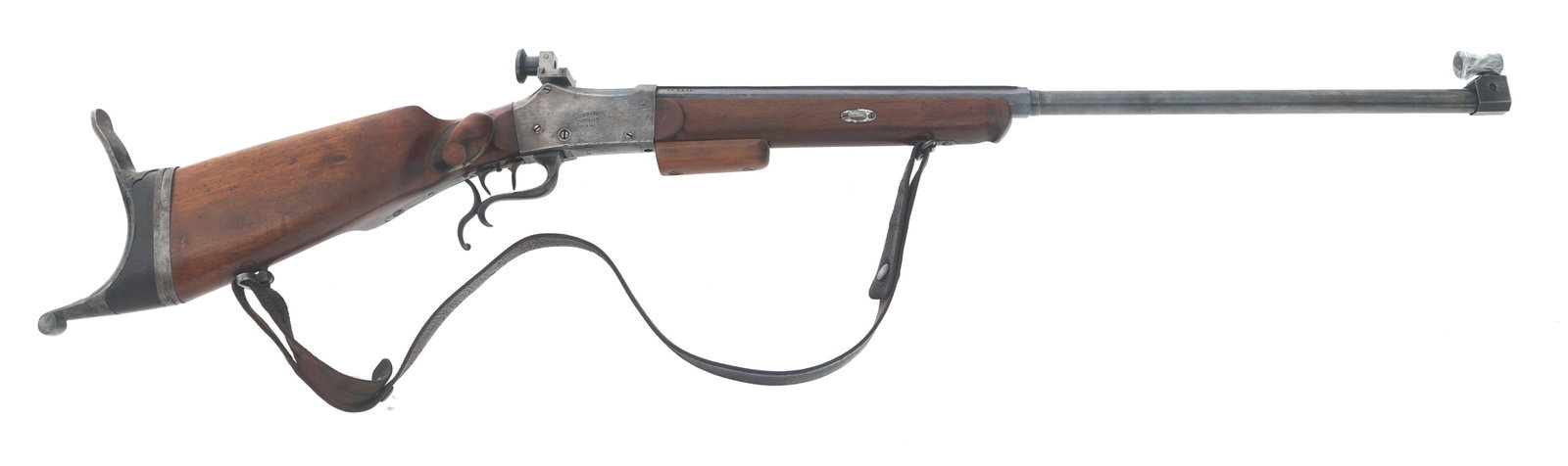 H HATT .22 CALIBER MARTINI ACTION SCHUETZEN RIFLE: H HATT .22 CALIBER MARTINI ACTION SCHUETZEN RIFLE Swiss Cripple Stocked H. Hatt Martini Style .22 caliber Schuetzen Rifle. Set trigger. Marked +P.B.+53. on the upper right barrel flat, 1877 on top of 