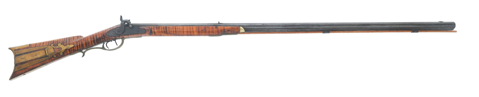 ANDREW JOY HALF STOCK .32 CAL PERCUSSION RIFLE: ANDREW JOY HALF STOCK .32 CAL PERCUSSION RIFLE Andrew S Joy .32 caliber Half Stock percussion rifle. Barrel stamped A S Joy. Faint Pittsburg stamp on side plate. 41 inch octagonal barrel. Maple stock 