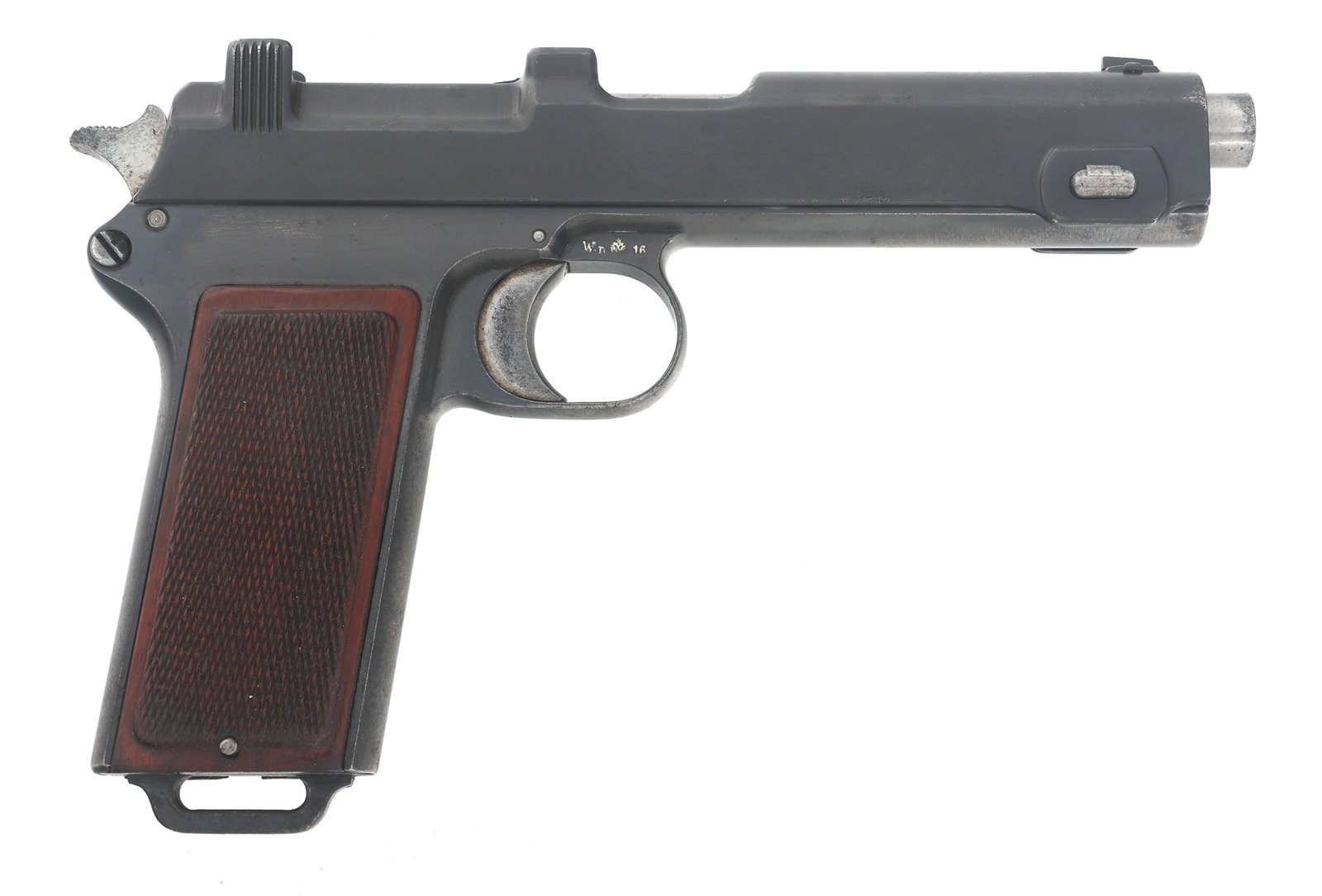 1916 STEYR MODEL 1912 9mm CALIBER SEMI AUTO PISTOL: 1916 STEYR MODEL 1912 9mm CALIBER SEMI AUTO PISTOL 1916 Steyr Model 1912 9mm caliber semi automatic pistol. Serial numbers match on slide and frame. Proof mark on right side above trigger. Blued finis