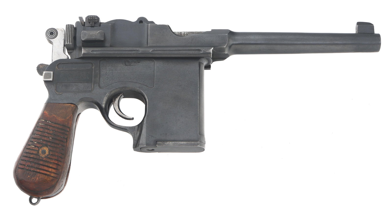 SHANXI C96 TYPE 17 .45 CAL BROOMHANDLE PISTOL: SHANXI C96 TYPE 17 .45 CAL BROOMHANDLE PISTOL Chinese Shanxi C96 Type 17 .45 caliber semi automatic Broomhandle pistol. Serial numbers match on frame, barrel, bolt hammer, and rear sight. The left gri