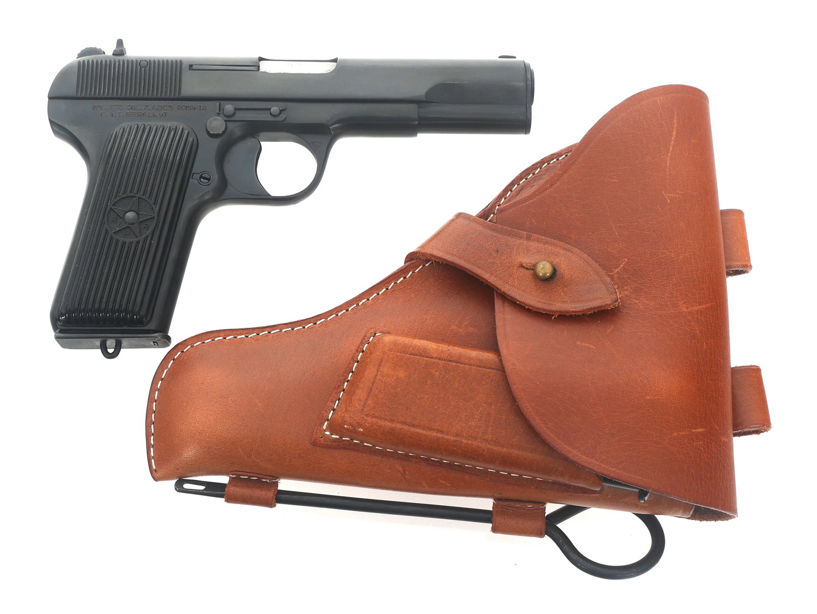 ROMANIAN CUGIR MODEL TTC 7.62x25mm CALIBER PISTOL: ROMANIAN CUGIR MODEL TTC 7.62x25mm CALIBER PISTOL Romanian Cugir Model TTC 7.62x25mm caliber semi automatic pistol. Fixed sights. Composite grips. Two magazines. Holster with cleaning rod. Manual. CAI