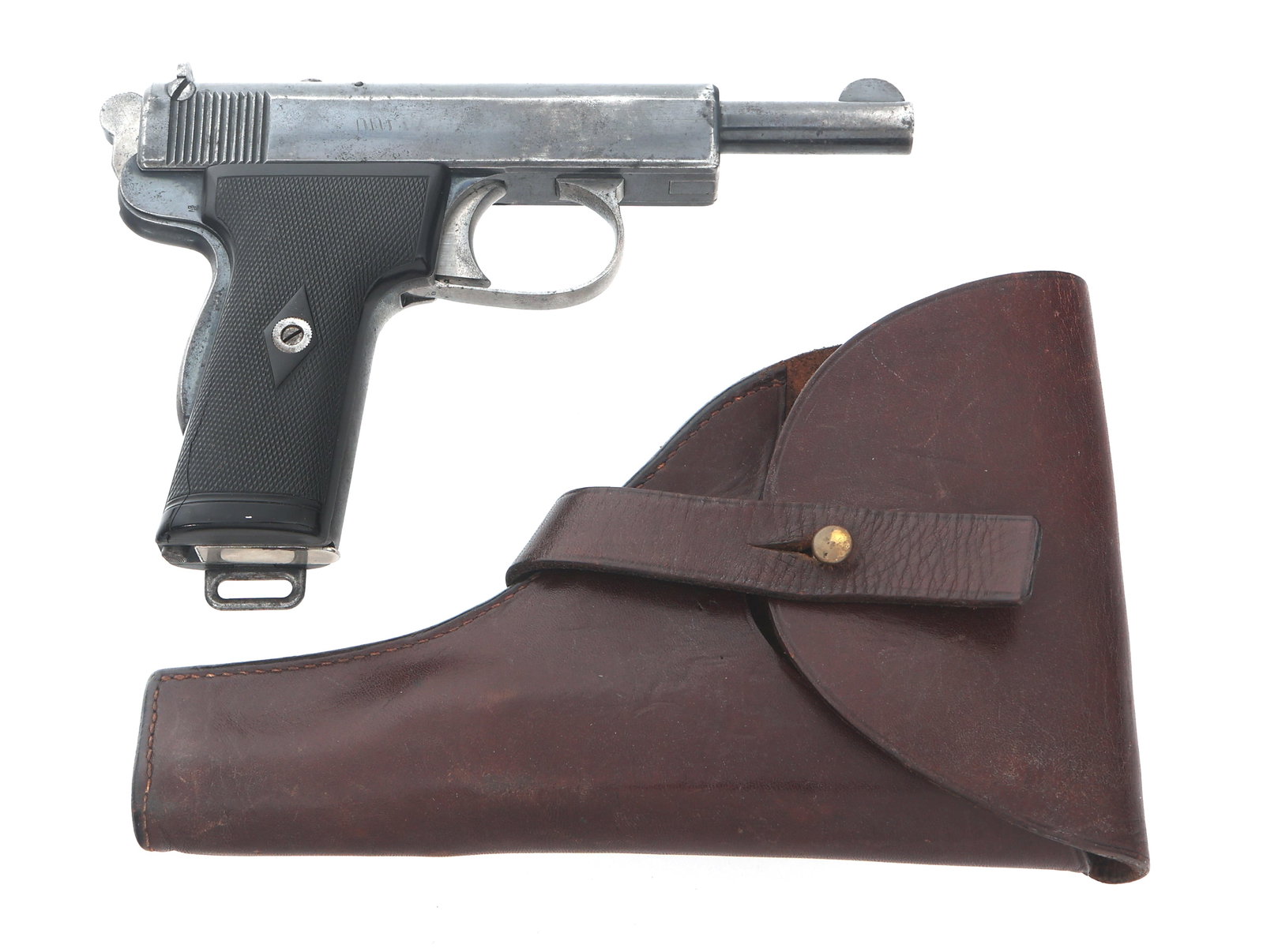WEBLEY & SCOTT MODEL 1909 9mm BROWNING CAL PISTOL: WEBLEY & SCOTT MODEL 1909 9mm BROWNING CAL PISTOL Webley & Scott Model 1909 9mm Browning long caliber semi automatic pistol. No import stamp. Blued finish. Fixed sights. Lanyard loop. Checkered compos