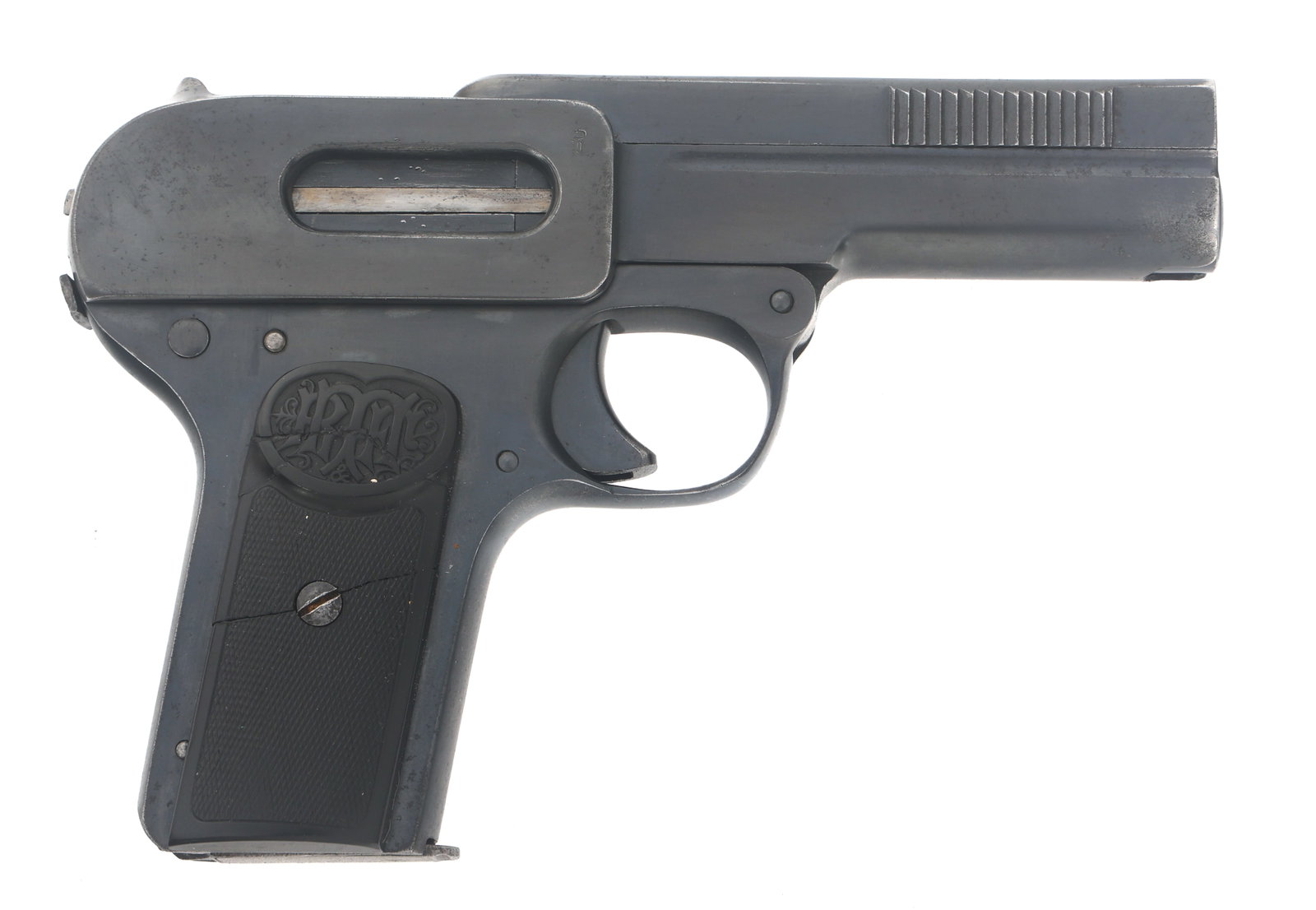 WWI GERMAN DREYSE MODEL 1907 7.65mm CALIBER PISTOL: WWI GERMAN DREYSE MODEL 1907 7.65mm CALIBER PISTOL WWI German Dreyse Model 1907 7.65mm caliber semi automatic pistol. Crown over D German acceptance proof on right side of frame. Checkered composite R