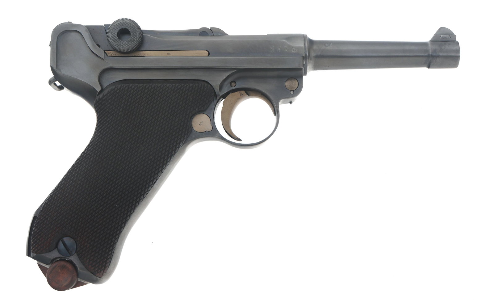 1917 GERMAN ERFURT MODEL P08 9mm LUGER PISTOL: 1917 GERMAN ERFURT MODEL P08 9mm LUGER PISTOL 1917 German Erfurt Model P08 9x19mm caliber semi automatic Luger pistol. No import stamp. Serial numbers match on frame, barrel, receiver, side plate, tri