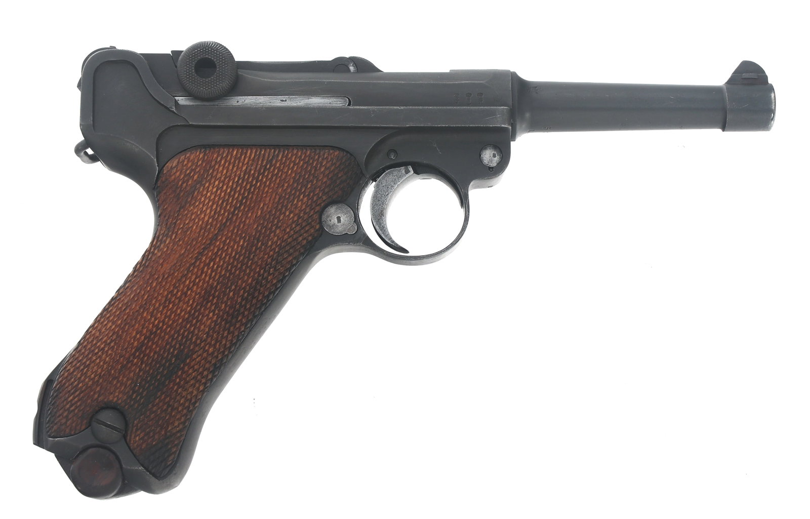 GERMAN ERFURT MODEL P08 9mm LUGER PISTOL: GERMAN ERFURT MODEL P08 9mm LUGER PISTOL Double Date German Erfurt Model P08 9x19mm caliber semi automatic Luger pistol. Double date stamped 1920 / 1916. Serial numbers match on frame, barrel, receive