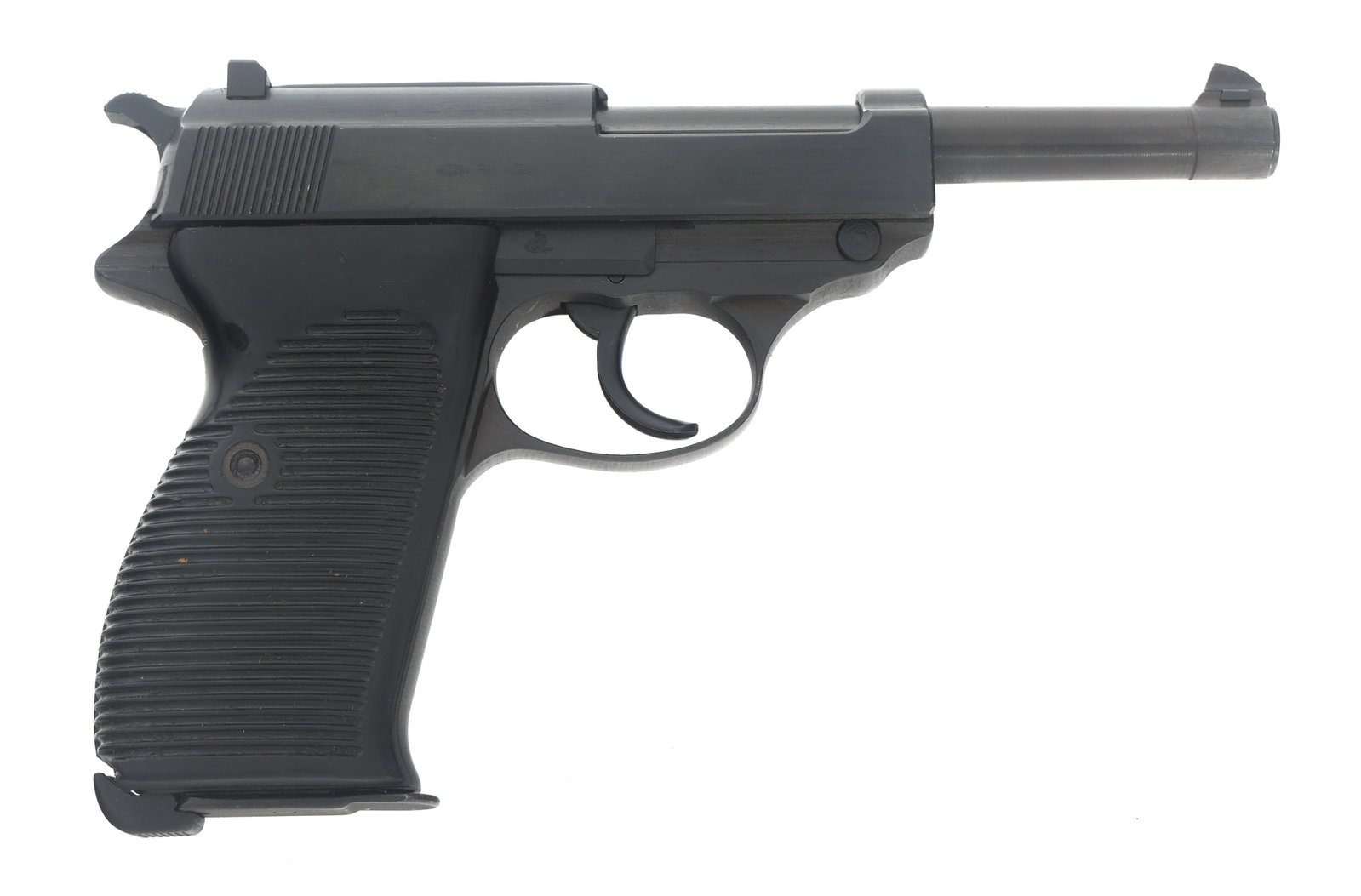 WWII GERMAN byf CODE MAUSER MODEL P38 9mm PISTOL: WWII GERMAN byf CODE MAUSER MODEL P38 9mm PISTOL WWII German byf 44 code Mauser Model P38 9x19mm caliber semi automatic pistol. Serial numbers match on frame, slide, and barrel. Slide and frame stampe