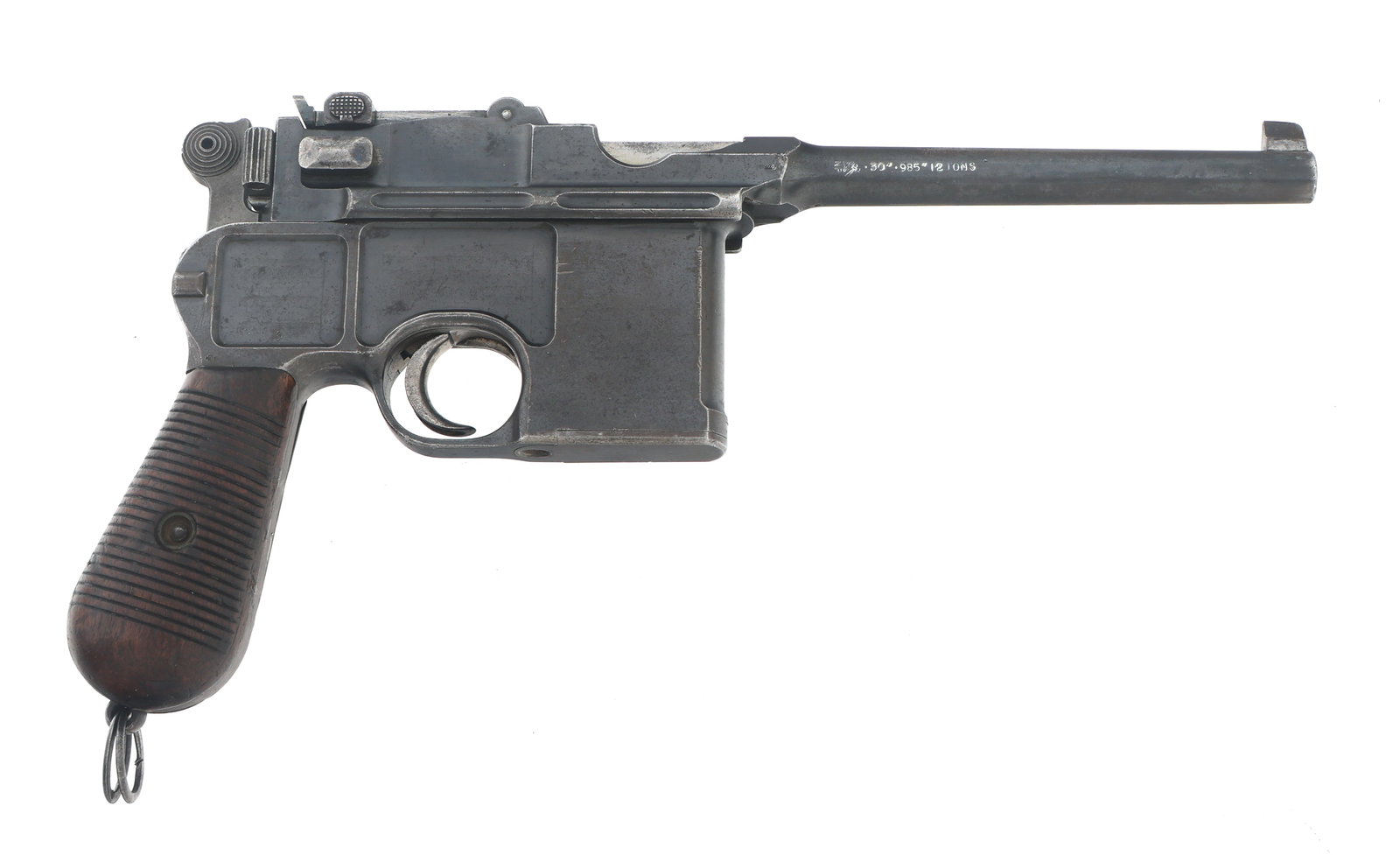 BRITISH MARKED MAUSER C96 CONEHAMMER 7.63mm PISTOL: BRITISH MARKED MAUSER C96 CONEHAMMER 7.63mm PISTOL Mauser C96 Commercial Conehammer 7.63x25mm caliber Broomhandle pistol. Serial numbers match on frame, barrel, hammer, bolt stop, bolt, left and right