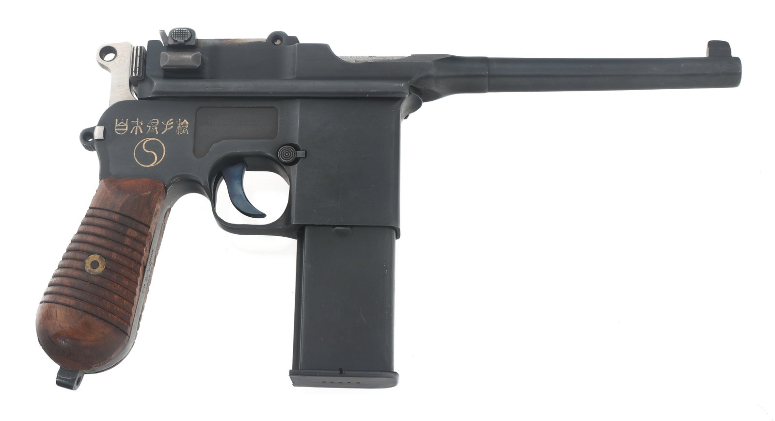 NAVY ARMS CHINESE 9MM BROOMHANDLE PISTOL: NAVY ARMS CHINESE 9MM BROOMHANDLE PISTOL Navy Arms Chinese C-96 Broomhandle pistol. Model 711. 9x19mm caliber. Matching serial numbers on receiver and magazine. Navy Arms stamp on front strap. One rem