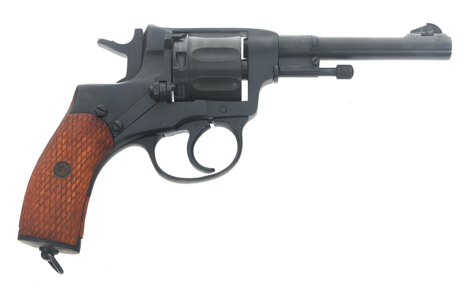 WWII RUSSIAN IZHEVSK MODEL 1895 NAGANT REVOLVER: WWII RUSSIAN IZHEVSK MODEL 1895 NAGANT REVOLVER 1943 WWII Izhevsk Model1895 7.62mm caliber double action Nagant pistol. Import stamped PW Arms. Blued finish. Fixed sights. Lanyard loop. Checkered wood
