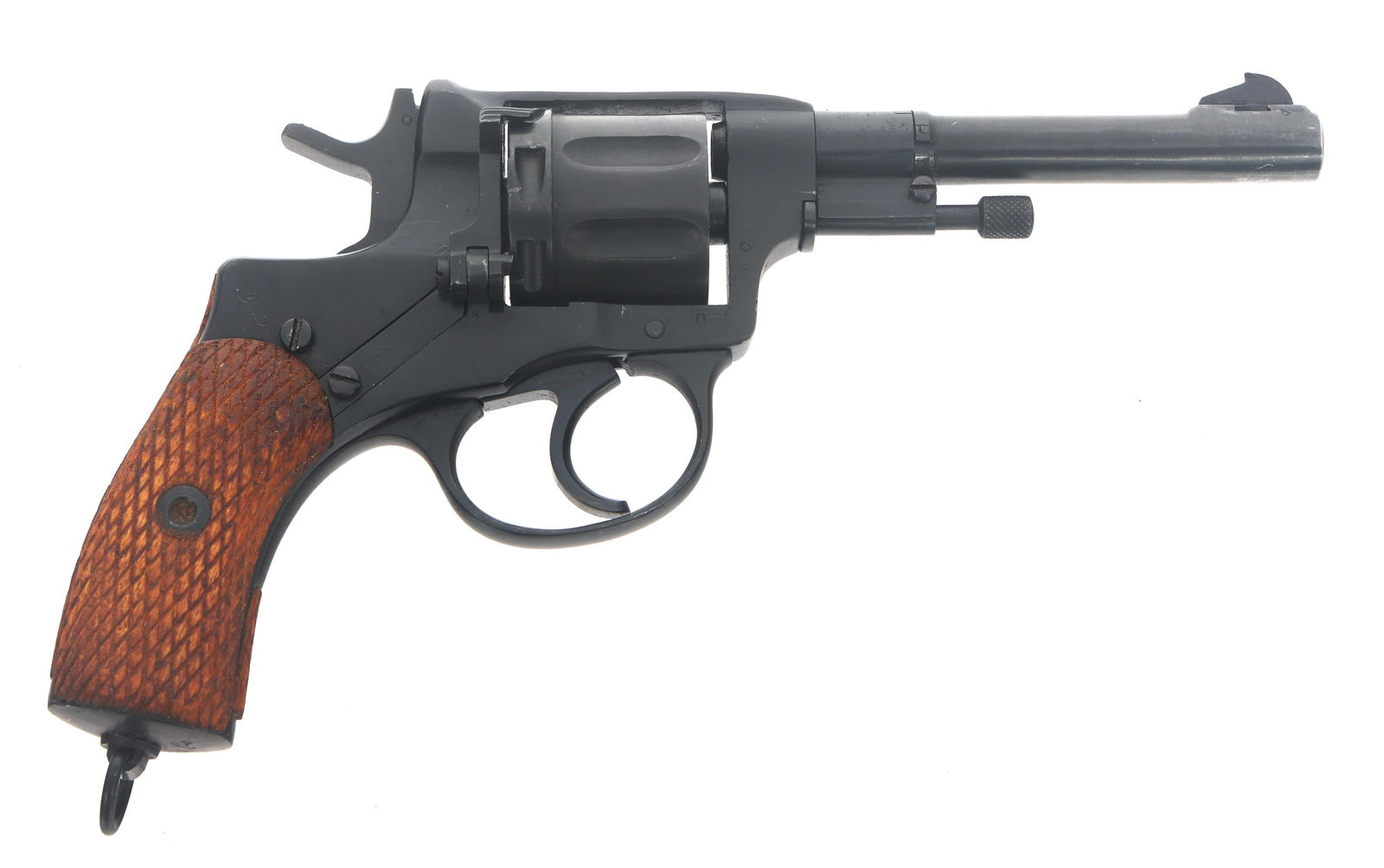 RUSSIAN TULA MODEL 1895 NAGANT REVOLVER: RUSSIAN TULA MODEL 1895 NAGANT REVOLVER Russian Tula Model 1895 7.62mm caliber double action Nagant revolver. Import stamped PW Arms. Blued finish. Fixed sights. Lanyard loop. Checkered wood grips. Se