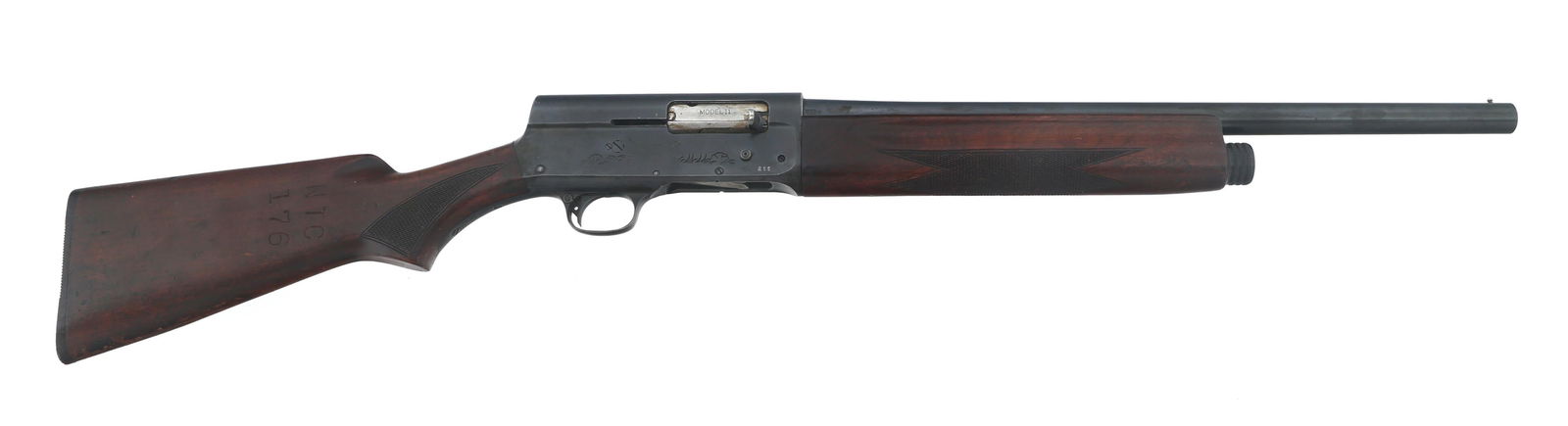 US REMINGTON MODEL 11 12 GAUGE SEMI AUTO SHOTGUN: US REMINGTON MODEL 11 12 GAUGE SEMI AUTO SHOTGUN 1942. US Remington Model 11 12 gauge semi automatic shotgun. Serial numbers match on receiver and barrel. US and flaming bomb stamped on receiver and b