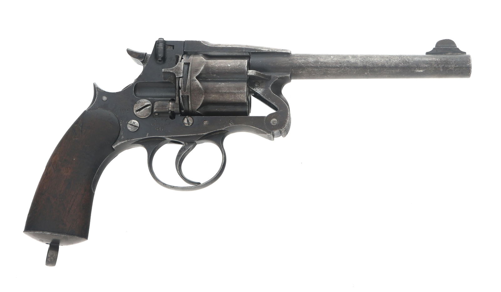 QUEENSLAND MARKED ENFIELD M1884 MK II REVOLVER: QUEENSLAND MARKED ENFIELD M1884 MK II REVOLVER 1886 Queensland Marked British Enfield Model 1884 MK II .476 Enfield caliber. Right side of frame stamped crown over V.R. Enfield 1884 II. Two broad arro