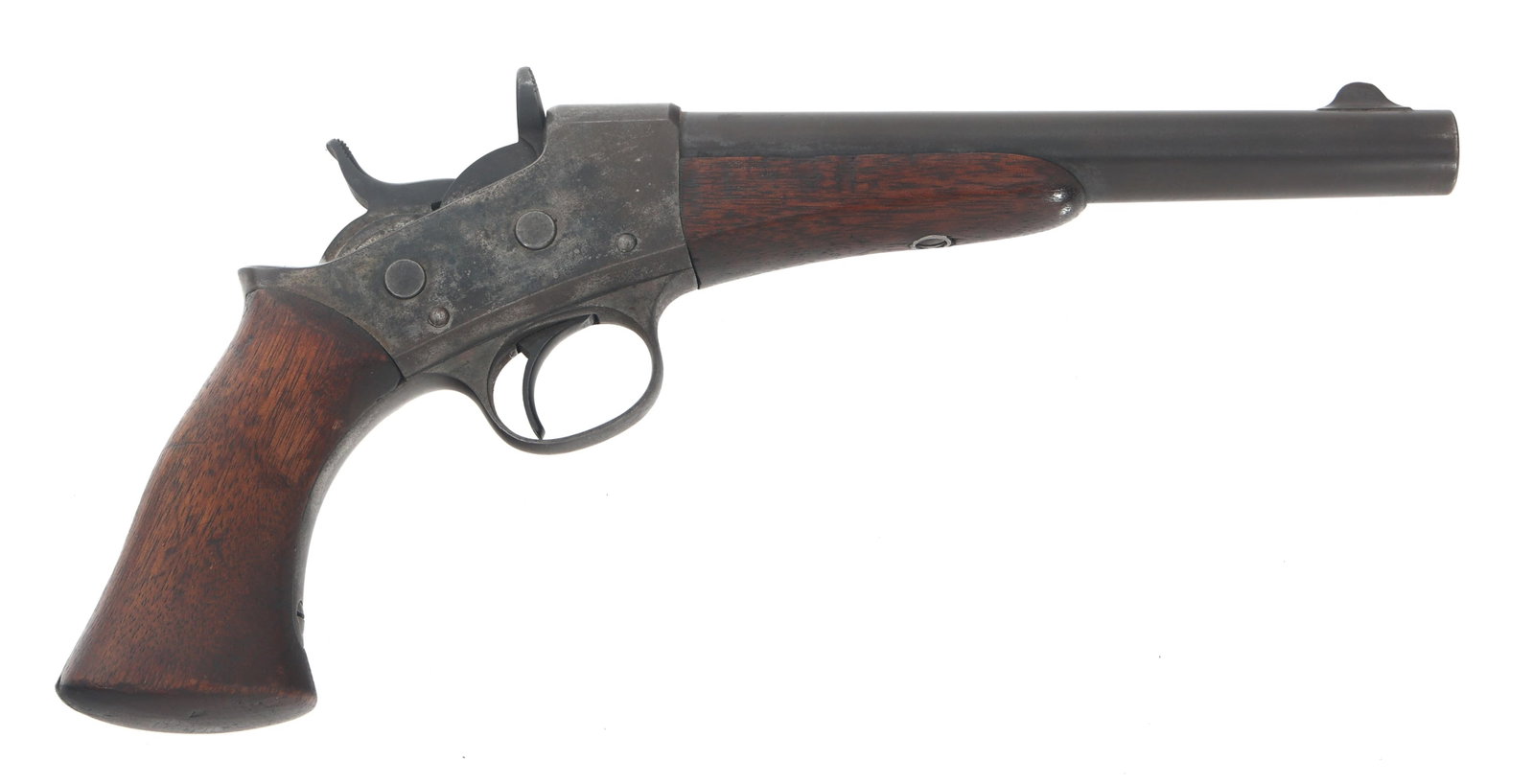 US REMINGTON MODEL 1871 .50 CALIBER PISTOL: US REMINGTON MODEL 1871 .50 CALIBER PISTOL US Remington Model 1871 .50 caliber Rolling Block pistol. Two line Remington address on left side of frame with P and S proofs. Curtis R Stickney CRS inspect