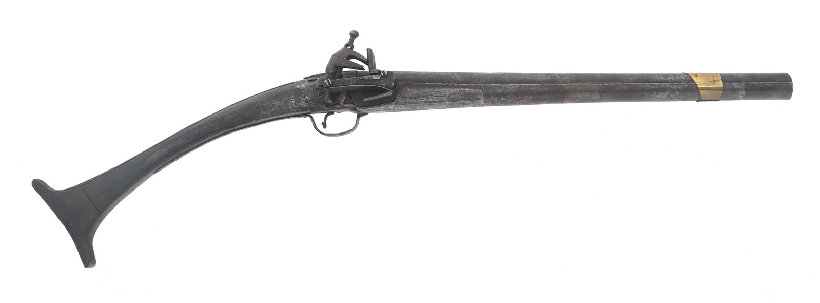 BALKAN FLINTLOCK SADDLE RING PISTOL: BALKAN FLINTLOCK SADDLE RING PISTOL Balkan .65 caliber flintlock pistol. Miquelet lock. Barrel marked London. Engraved stock. Saddle ring. Caliber / Gauge: 65 Barrel Length: 16.5" Classification: Anti