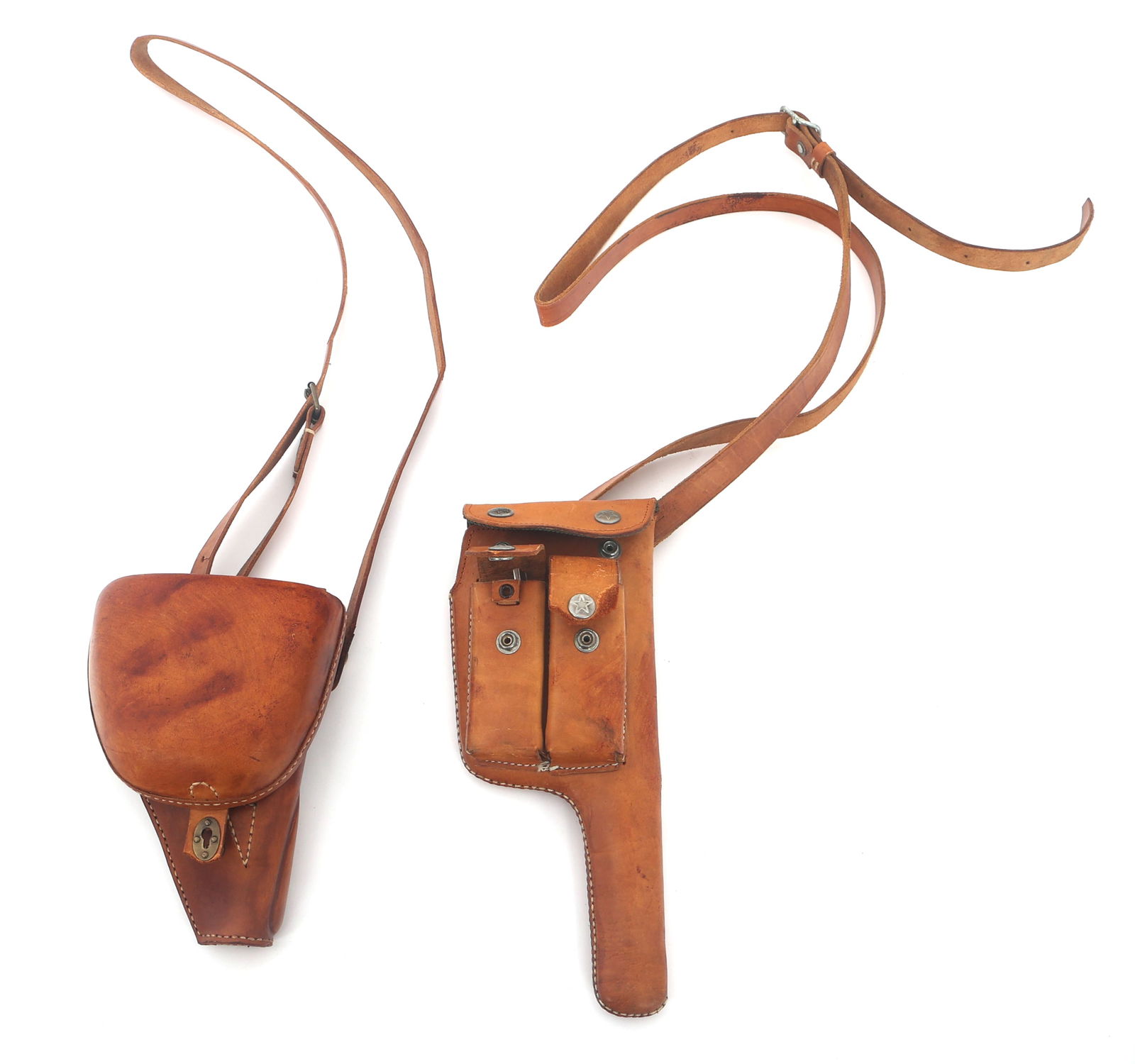 MODERN BABY NAMBU AND MAUSER C96 HOLSTERS: MODERN BABY NAMBU AND MAUSER C96 HOLSTERS Modern Type B Baby Nambu and Mauser C96 leather holsters. Type B Baby Nambu stamped China on inside flap. Unmarked Mauser C96 holster with two 10 round stripp