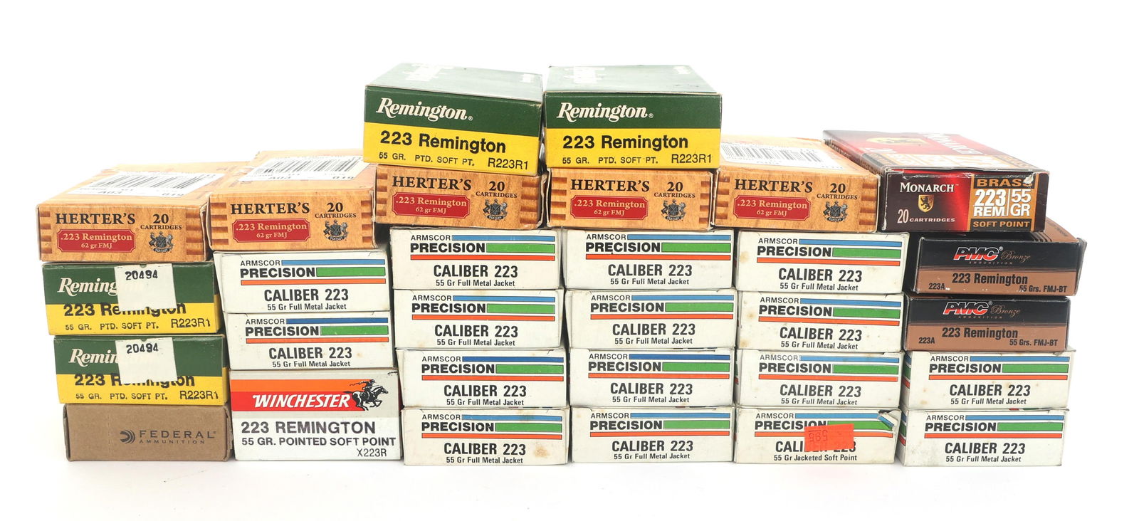 AMMUNITION .223 REM CALIBER - 16 LBS: AMMUNITION .223 REM CALIBER - 16 LBS Approximately 600 rounds .223 Rem caliber ammunition. Brands include PMC, Herters, Remington, Armscor, Federal, and Winchester. 16 pounds total gross weight, inclu