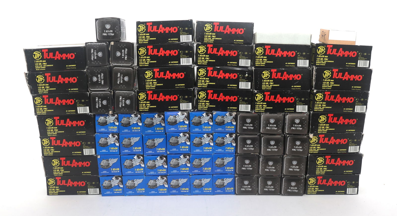 RIFLE AMMUNITION 7.62x39mm - 75 LBS: RIFLE AMMUNITION 7.62x39mm - 75 LBS Rifle Ammunition 7.62x39mm caliber - approximately 1895 rounds. Brands include Tula, Silver Bear, Koma, Sellier & Bellot and MFS. Total gross weight 75 pounds. Cali