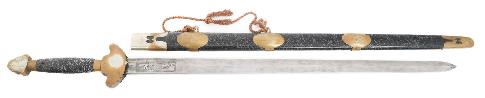 19TH C. BOXER REBELLION ERA CHINESE JIAN SWORD: 19TH C. BOXER REBELLION ERA CHINESE JIAN SWORD 19th C. Boxer Rebellion Era Chinese Jian Sword. Double edged, bright, straight blade. Chinese characters on the ricasso. Brass plated alloy hilt with ray