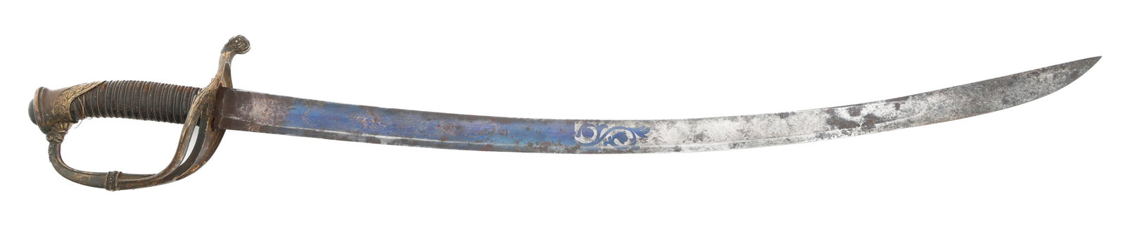 FRENCH M1821 NON-REGULATION INFANTRY OFFICER SWORD: FRENCH M1821 NON-REGULATION INFANTRY OFFICER SWORD French M1821 Non-Regulation Infantry Officer Sword. Single edged, curved blade with fuller. Dry-point etched floral and patriotic patterns in gold in