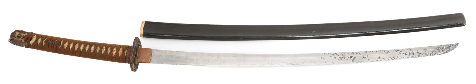 IMPERIAL JAPANESE KATANA SWORD WITH SAYA: IMPERIAL JAPANESE KATANA SWORD WITH SAYA Imperial Japanese Katana Sword With Saya. Single edged, curved bright blade with Shinogi Zukuri blade. Toran style Hamon. Copper Habaki, decorated brass Tsuba,