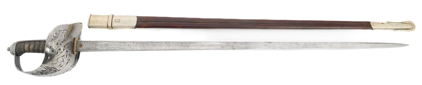 UK M1897 ENGINEER OFFICER SWORD by HOBSON & SONS: UK M1897 ENGINEER OFFICER SWORD by HOBSON & SONS 2nd Boer War British Royal Engineer Volunteers M1897 Officer Sword. Single edged, bright blade with fuller. Double acid etched with floral, patriotic p