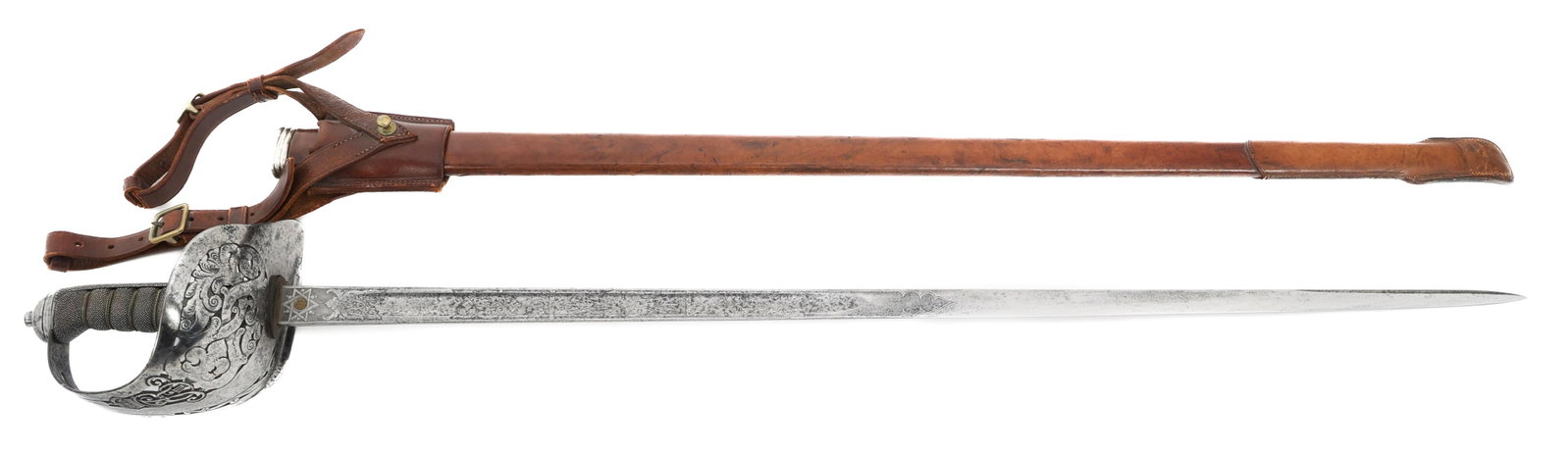 UK M1897 ERVII PATTERN ENGINEER OFFICER SWORD: UK M1897 ERVII PATTERN ENGINEER OFFICER SWORD British M1897 Pattern Edward VII Royal Engineer Officer Sword. Single edged, bright blade with fuller. Double acid etched with floral, patriotic patterns 