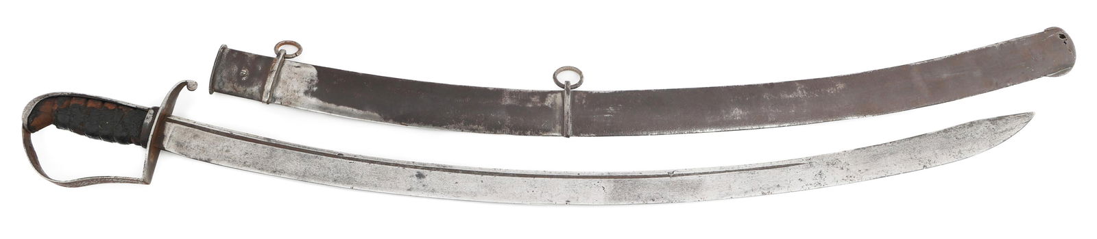 US 1813 CAVALRY SWORD WITH SCABBARD: US 1813 CAVALRY SWORD WITH SCABBARD US Model 1813 Cavalry Sword. Single edged, curved bright blade with fuller. No visible maker marks. Steel hilt with leather wrapped wood grip. Steel scabbard. Blade