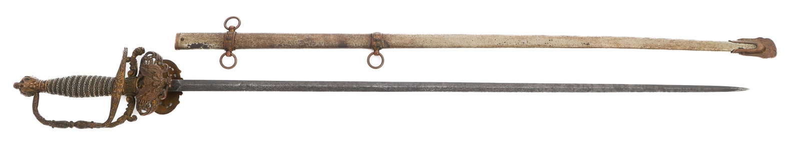 US ARMY M1860 GENERAL OFFICER SWORD by MC LILLEY: US ARMY M1860 GENERAL OFFICER SWORD by MC LILLEY US Army M1860 General Officer Sword. Double edged, straight blade. Double acid etched with patriotic and floral designs. Walking bear maker mark of Abr
