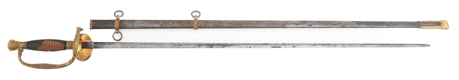 US M1860 STAFF & FIELD OFFICER DRESS SWORD: US M1860 STAFF & FIELD OFFICER DRESS SWORD US Civil War Era M1860 Staff and Field Officer Dress Sword. Bright, double edged, straight blade. Double acid etched with floral and patriotic patterns. Make