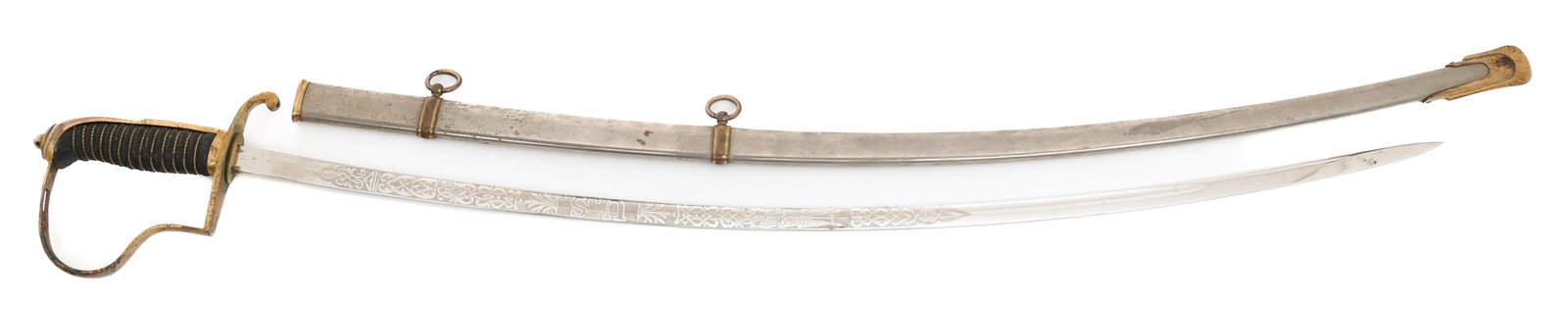 EARLY 20th C. US STATE MILITIA OFFICER SWORD: EARLY 20th C. US STATE MILITIA OFFICER SWORD Early 20th Century US State Militia Officer Sword. Single edged, curved, bright blade. Double acid etched with floral and patriotic patterns. Maker marked 