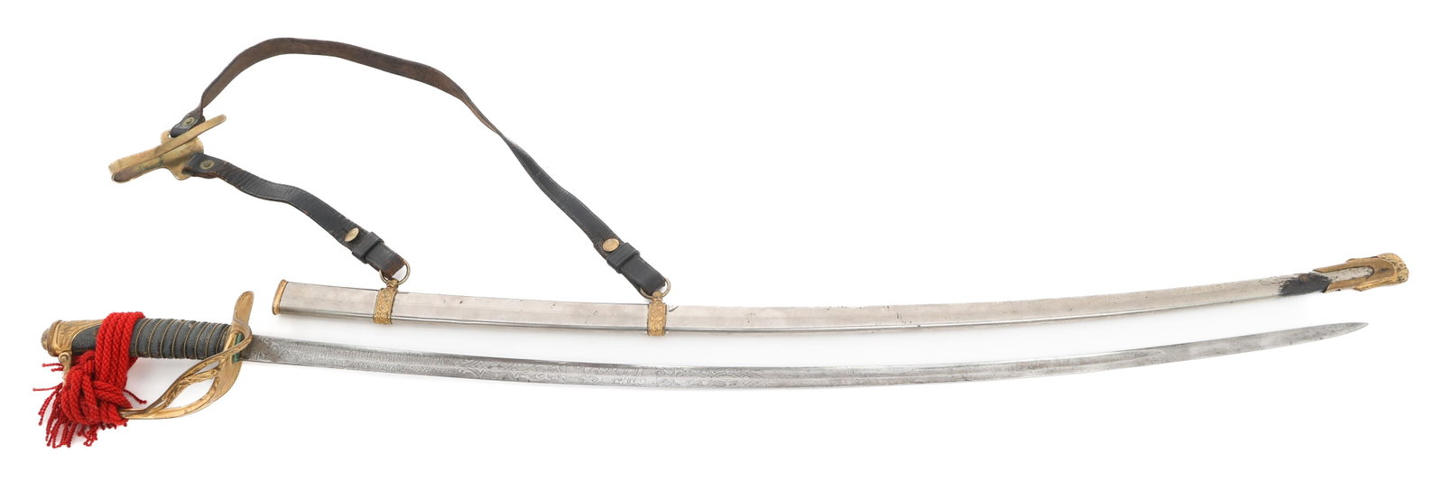 US MODEL 1872 NAMED OFFICER SWORD: US MODEL 1872 NAMED OFFICER SWORD US Model 1872 New York National Guard Officer Sword. Named to Major Edward Verdeckberg. Single edged, curved bright blade. Acid etched "Presented by Co. D. 32nd Regt.