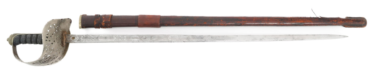 BRITISH M1897 INFANTRY OFFICER SWORD by ARMFIELD: BRITISH M1897 INFANTRY OFFICER SWORD by ARMFIELD British M1897 Infantry Officer Sword. Single edged, straight bright blade with fuller. Maker marked by Armfield on ricasso. Leather buffer pad. Decorat