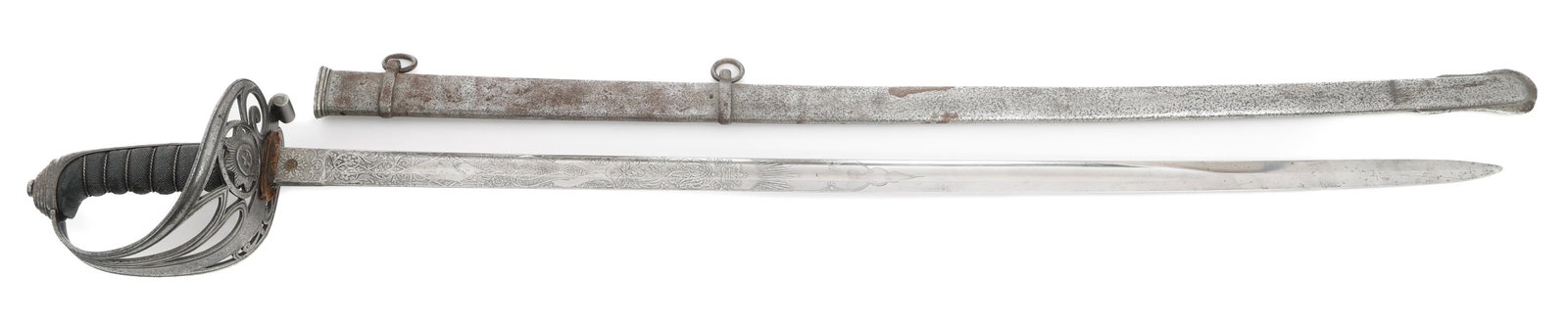 20th C. UK COLDSTREAM GUARD OFFICER LEVEE SWORD: 20th C. UK COLDSTREAM GUARD OFFICER LEVEE SWORD Early 20th Century UK Coldstream Guard Officer Levee Sword. Single edged, bright blade with fuller. Double acid etched with floral, patriotic patterns a