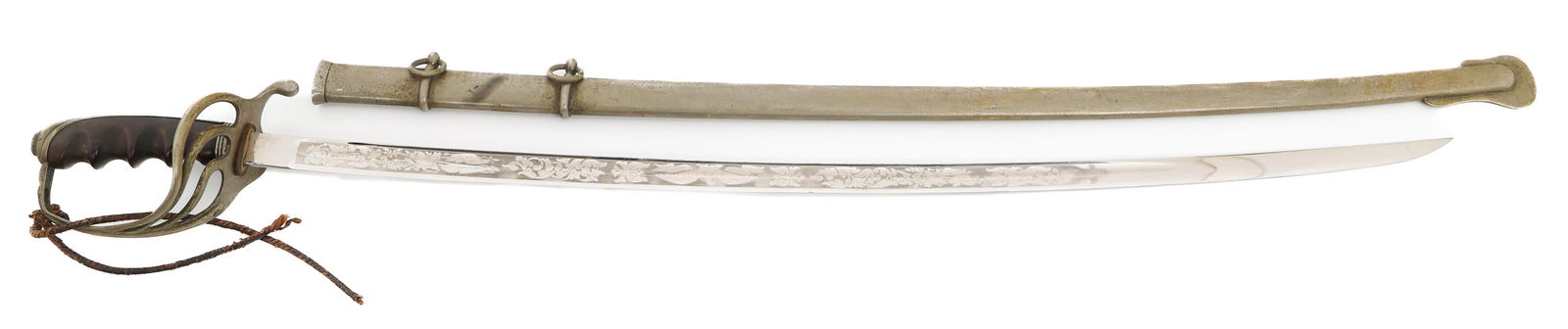 US ARMY M1902 OFFICER SWORD by F.J. HEIBERG: US ARMY M1902 OFFICER SWORD by F.J. HEIBERG US Army M1902 Officer Sword. Single edged, bright blade with fuller. Triple acid etched with patriotic and floral designs. Maker marked by F. J. Heiberg on