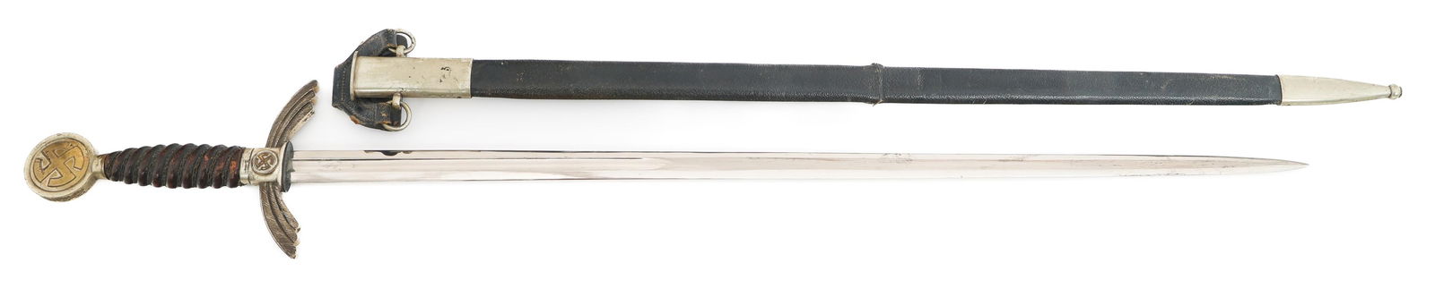 WWII GERMAN LUFTWAFFE OFFICER SWORD by F&A HELBIG: WWII GERMAN LUFTWAFFE OFFICER SWORD by F&A HELBIG WWII German Luftwaffe Officer Sword. Double edged, bright, straight blade with fuller. Maker marked by F & A Helbig on the ricasso. Leather buffer pad