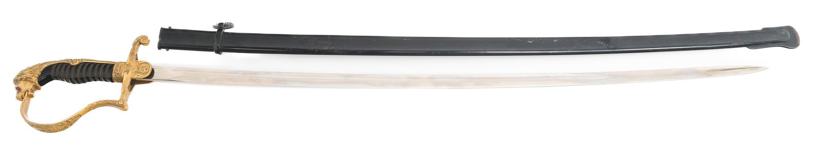 WWII GERMAN HEER LIONHEAD SWORD BY LUNESCHLOSS: WWII GERMAN HEER LIONHEAD SWORD BY LUNESCHLOSS WWII German Heer Officer Lionhead Dress Sword. Single edged, bright, curved blade with fuller. Maker marked by P Luneschloss on the ricasso. Leather buff