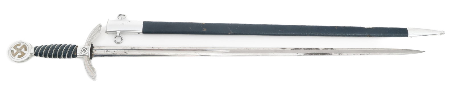 WWII GERMAN LUFTWAFFE OFFICER SWORD by SMF: WWII GERMAN LUFTWAFFE OFFICER SWORD by SMF WWII German Luftwaffe Officer Sword by SMF. Double edged, bright, straight blade with fuller. Maker marked by SMF on the ricasso. Leather buffer pad. Aluminu
