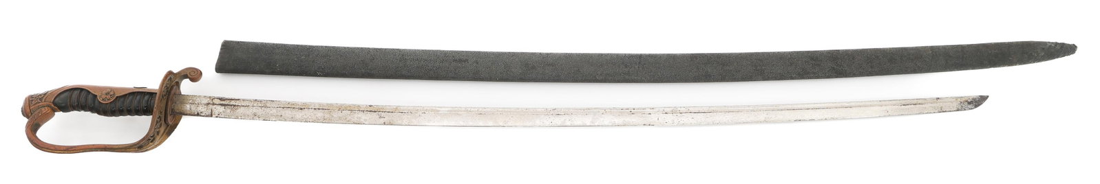 WWII IMPERIAL JAPANESE TYPE 19 KYU-GUNTO SWORD: WWII IMPERIAL JAPANESE TYPE 19 KYU-GUNTO SWORD WWII Imperial Japanese Type 19 Kyu-Gunto Sword. Single edged, bright blade with fuller. Gunome style Hamon. No visible maker mark. Leather buffer pad. Gi