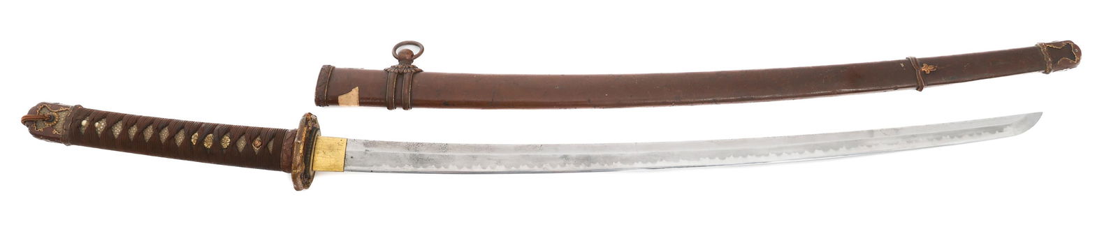 WWII JAPANESE ARMY OFFICER TYPE 98 SHIN GUNTO: WWII JAPANESE ARMY OFFICER TYPE 98 SHIN GUNTO WWII Imperial Japanese Army Officer Type 98 Shin Gunto Sword. Single edged, slightly curved, bright blade with Toran style Hamon. Gilded brass Tsuba and d