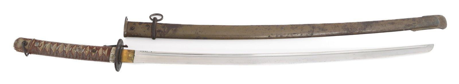 WWII IMPERIAL JAPANESE TYPE 95 NCO SHIN GUNTO: WWII IMPERIAL JAPANESE TYPE 95 NCO SHIN GUNTO WWII Imperial Japanese Type 95 NCO Shin Gunto Sword. Single edged slightly curved blade with fuller. Serial number 51983 and Kanji character stamped on on