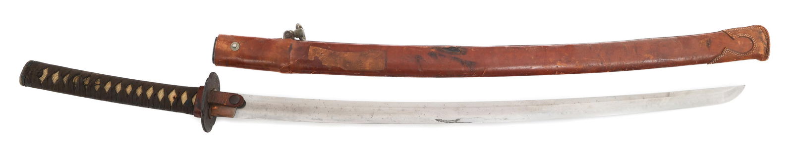 WWII IMPERIAL JAPANESE KATANA WITH LEATHER SAYA: WWII IMPERIAL JAPANESE KATANA WITH LEATHER SAYA WWII Imperial Japanese Officer Katana. Single edged, bright blade with Gunome style Hamon. Copper Habaki, Brass Seppa, Iron Tsuba, Brass Fuchi with leat